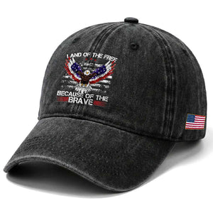 Land of the Free Because of the Brave Washed Cotton Baseball Cap American Flag Patriotic Eagle 4th of July TS10 Print Your Wear