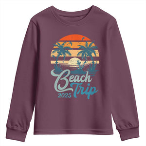 Beach Trip 2025 Youth Sweatshirt Summer Vacation Vintage 70's Retro TS10 Maroon Print Your Wear