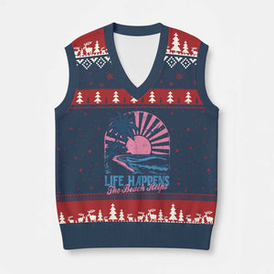 Life Happens The Beach Helps V-Neck Knit Sweater Vest Retro Coastal Ocean Therapy Cute Summer Vibes TS10 Navy Red Print Your Wear