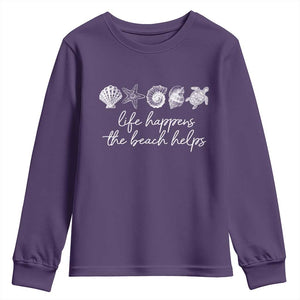 Life Happens The Beach Helps Youth Sweatshirt Coastal Ocean Therapy Cute Summer Vibes TS10 Purple Print Your Wear