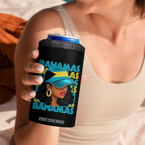 Bahamian Girl 4 in 1 Can Cooler Tumbler Melanin Afro Messy Bun Black Woman Bahamas Flag TS10 Print Your Wear