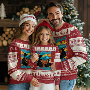 Bahamian Girl Ugly Christmas Sweater Melanin Afro Messy Bun Black Woman Bahamas Flag TS10 Red Beige Print Your Wear