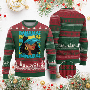 Bahamian Girl Ugly Christmas Sweater Melanin Afro Messy Bun Black Woman Bahamas Flag TS10 Red Green Print Your Wear