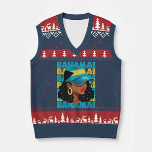 Bahamian Girl V-Neck Knit Sweater Vest Melanin Afro Messy Bun Black Woman Bahamas Flag TS10 Navy Red Print Your Wear