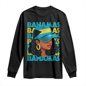 Bahamian Girl Long Sleeve Shirt Melanin Afro Messy Bun Black Woman Bahamas Flag TS10 Black Print Your Wear