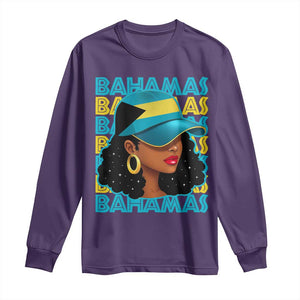 Bahamian Girl Long Sleeve Shirt Melanin Afro Messy Bun Black Woman Bahamas Flag TS10 Purple Print Your Wear