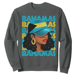 Bahamian Girl Sweatshirt Melanin Afro Messy Bun Black Woman Bahamas Flag TS10 Dark Heather Print Your Wear