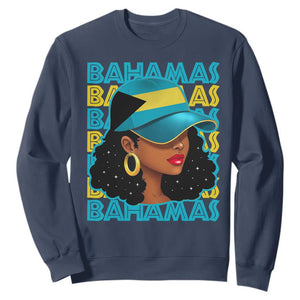Bahamian Girl Sweatshirt Melanin Afro Messy Bun Black Woman Bahamas Flag TS10 Navy Print Your Wear