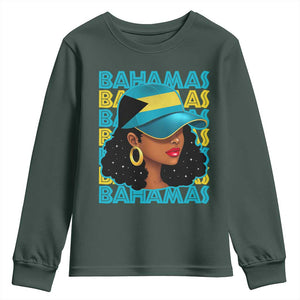 Bahamian Girl Youth Sweatshirt Melanin Afro Messy Bun Black Woman Bahamas Flag TS10 Dark Forest Green Print Your Wear