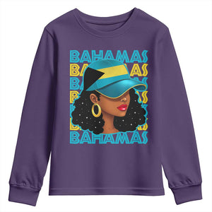 Bahamian Girl Youth Sweatshirt Melanin Afro Messy Bun Black Woman Bahamas Flag TS10 Purple Print Your Wear