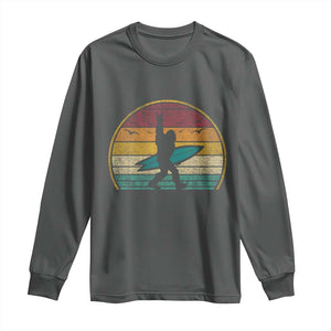 Vintage Bigfoot Surfing Long Sleeve Shirt Sasquatch Beach Vacation Retro Surf Sun Shaka TS10 Dark Heather Print Your Wear