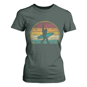 Vintage Bigfoot Surfing T Shirt For Women Sasquatch Beach Vacation Retro Surf Sun Shaka TS10 Dark Forest Green Print Your Wear