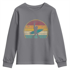 Vintage Bigfoot Surfing Youth Sweatshirt Sasquatch Beach Vacation Retro Surf Sun Shaka TS10 Charcoal Print Your Wear