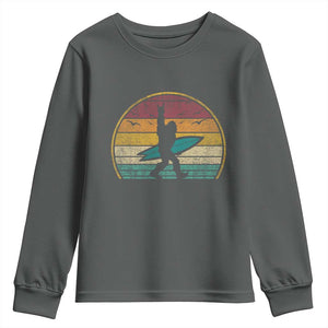 Vintage Bigfoot Surfing Youth Sweatshirt Sasquatch Beach Vacation Retro Surf Sun Shaka TS10 Dark Heather Print Your Wear