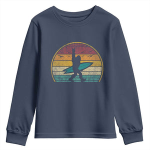 Vintage Bigfoot Surfing Youth Sweatshirt Sasquatch Beach Vacation Retro Surf Sun Shaka TS10 Navy Print Your Wear