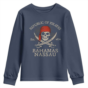 Republic Of Pirates Nassau Bahamas Youth Sweatshirt Vintage Caribbean Summer Vacation TS10 Navy Print Your Wear