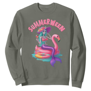 Summerween Mermaid Skeleton Sweatshirt Beach Flamingo Halloween Girl TS10 Military Green Print Your Wear