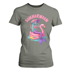Summerween Mermaid Skeleton T Shirt For Women Beach Flamingo Halloween Girl TS10 Military Green Print Your Wear