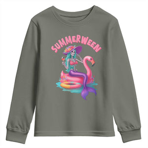 Summerween Mermaid Skeleton Youth Sweatshirt Beach Flamingo Halloween Girl TS10 Military Green Print Your Wear