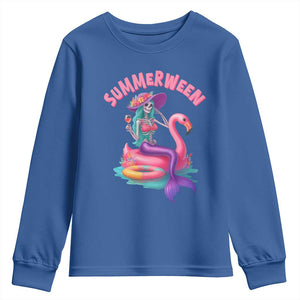 Summerween Mermaid Skeleton Youth Sweatshirt Beach Flamingo Halloween Girl TS10 Royal Blue Print Your Wear