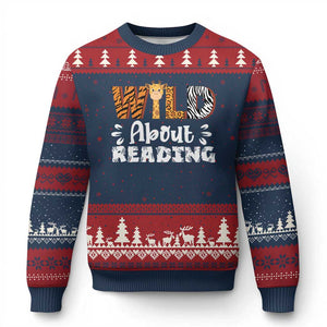Wild About Reading Ugly Christmas Sweater Cute Animal Print Reading Lover Kids Teachers TS10 Navy Red Print Your Wear