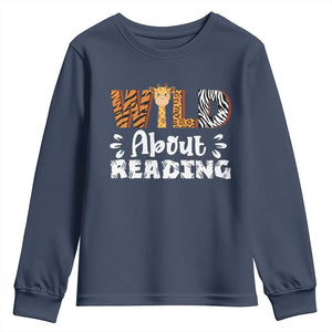 Wild About Reading Youth Sweatshirt Cute Animal Print Reading Lover Kids Teachers TS10 Navy Print Your Wear