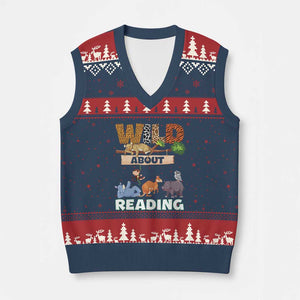 Wild About Reading V-Neck Knit Sweater Vest Cute Animal Book Lover Kids Teachers TS10 Navy Red Print Your Wear