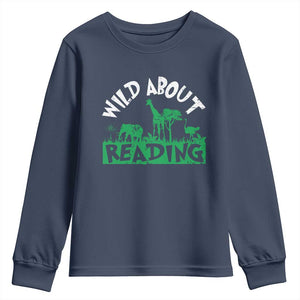 Wild About Reading Youth Sweatshirt Cute Safari Animal Reading Shirt Preschool Kindergarten TS10 Navy Print Your Wear