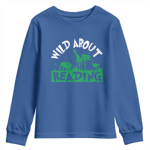 Wild About Reading Youth Sweatshirt Cute Safari Animal Reading Shirt Preschool Kindergarten TS10 Royal Blue Print Your Wear