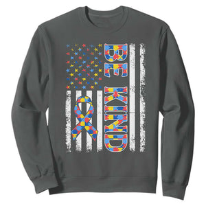 Be Kind Autism Sweatshirt USA flag Autistic Support TS10 Dark Heather Print Your Wear