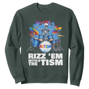 Autism Skeleton Meme Sweatshirt Rizz Em With The Tism Meme Autistic Drummer TS10 Dark Forest Green Print Your Wear