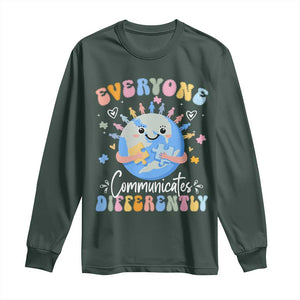 Autism Awareness Sped Teacher Long Sleeve Shirt Everyone Communicates Differently TS10 Dark Forest Green Print Your Wear