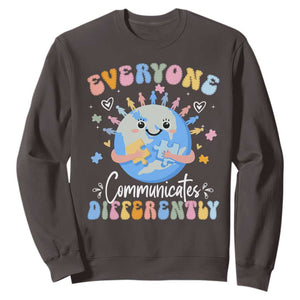 Autism Awareness Sped Teacher Sweatshirt Everyone Communicates Differently TS10 Dark Chocolate Print Your Wear