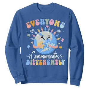 Autism Awareness Sped Teacher Sweatshirt Everyone Communicates Differently TS10 Royal Blue Print Your Wear