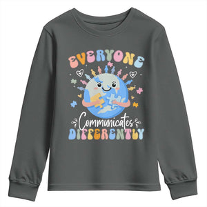 Autism Awareness Sped Teacher Youth Sweatshirt Everyone Communicates Differently TS10 Dark Heather Print Your Wear