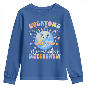 Autism Awareness Sped Teacher Youth Sweatshirt Everyone Communicates Differently TS10 Royal Blue Print Your Wear