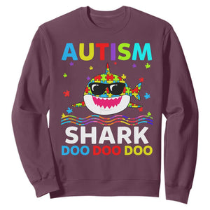 Funny Autism Shark Sweatshirt Puzzle Piece Autistic Mom Dad Sped Teacher TS10 Maroon Print Your Wear