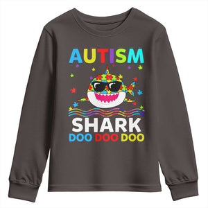 Funny Autism Shark Youth Sweatshirt Puzzle Piece Autistic Mom Dad Sped Teacher TS10 Dark Chocolate Print Your Wear