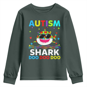 Funny Autism Shark Youth Sweatshirt Puzzle Piece Autistic Mom Dad Sped Teacher TS10 Dark Forest Green Print Your Wear