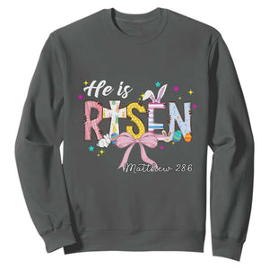 He Is Risen Sweatshirt Jesus Christian Happy Easter Coquette Cross TS10 Dark Heather Print Your Wear