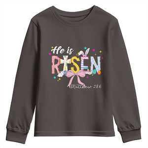 He Is Risen Youth Sweatshirt Jesus Christian Happy Easter Coquette Cross TS10 Dark Chocolate Print Your Wear