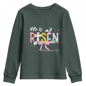 He Is Risen Youth Sweatshirt Jesus Christian Happy Easter Coquette Cross TS10 Dark Forest Green Print Your Wear