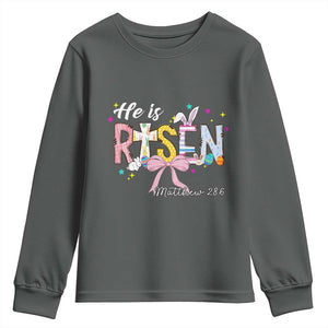 He Is Risen Youth Sweatshirt Jesus Christian Happy Easter Coquette Cross TS10 Dark Heather Print Your Wear