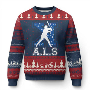 ALS Awareness Ugly Christmas Sweater Baseball Strike Out ALS Support TS10 Navy Red Print Your Wear
