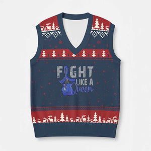 Fight Like A Queen V-Neck Knit Sweater Vest Blue Ribbon Colon Cancer Awareness TS10 Navy Red Print Your Wear