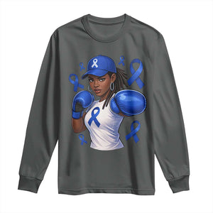 Black Women Fight Colon Cancer Blue Ribbon Long Sleeve Shirt African American Girls TS10 Dark Heather Print Your Wear