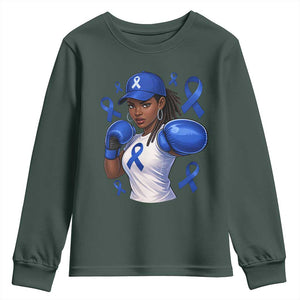 Black Women Fight Colon Cancer Blue Ribbon Youth Sweatshirt African American Girls TS10 Dark Forest Green Print Your Wear