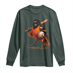 Oriole Baseball Player Long Sleeve Shirt Retro Funny Bird Mascot Baseball Fans TS10 Dark Forest Green Print Your Wear