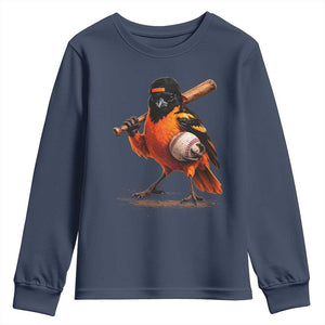Oriole Baseball Player Youth Sweatshirt Retro Funny Bird Mascot Baseball Fans TS10 Navy Print Your Wear