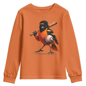 Oriole Baseball Player Youth Sweatshirt Retro Funny Bird Mascot Baseball Fans TS10 Orange Print Your Wear